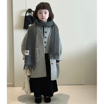 Korean childrens clothing girls double-sided cashmere woolen coat and vest two-piece set 2024 winter clothing childrens woolen coat
