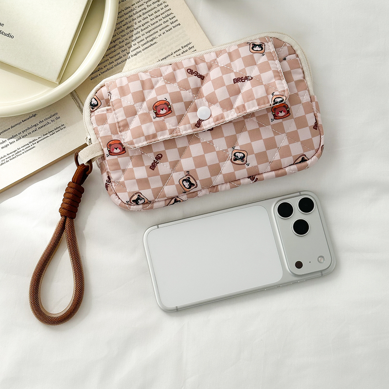 Ins-Style Classic Plaid Mobile Phone Bag for Women, Portable Double-Pocket Zipper Handbag, Large Capacity Partitioned Clutch Bag