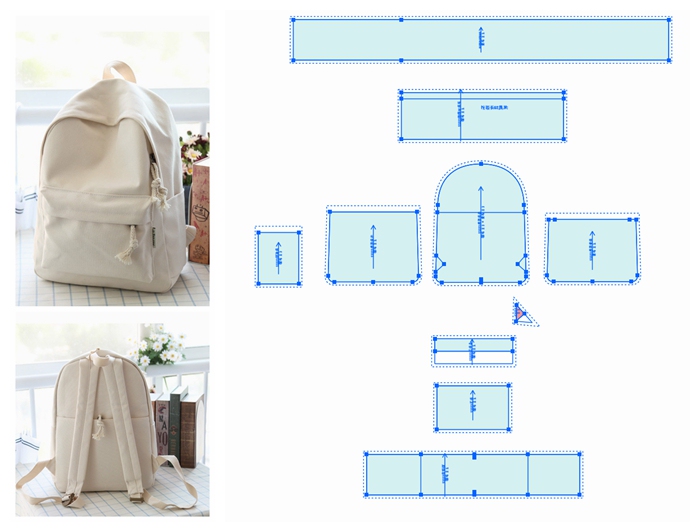 S1132 Student Girl's Double-Shoulder Canvas Small Backpack, Cut-To-Size One-To-One Kraft Paper Pattern, Not a Bag