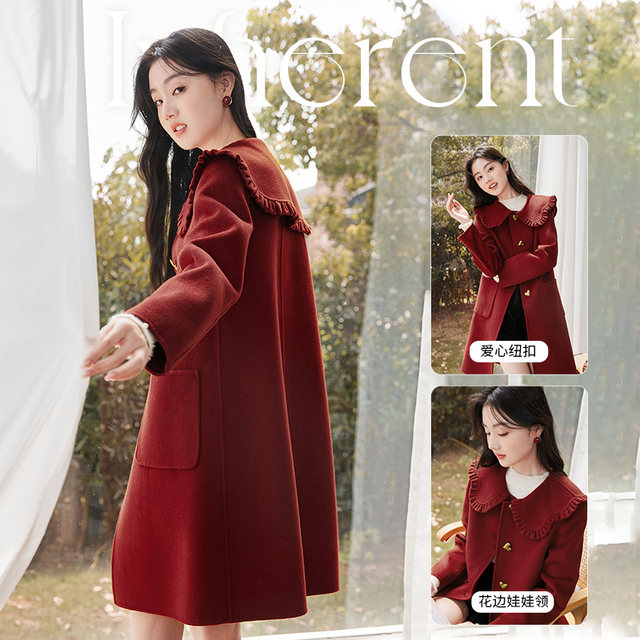 Xiangying pure wool double-sided woolen 2023 autumn and winter new mid-length woolen coat zodiac year red coat for women autumn and winter