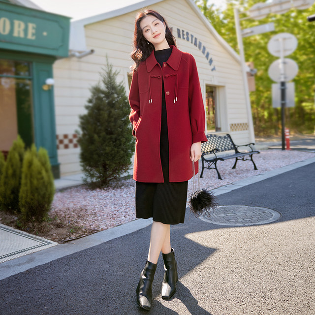 Xiangying red double-sided woolen coat for women 2023 autumn and winter new style small woolen mid-length woolen coat