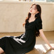 Xiangying Puff Sleeve ສີດໍາ Dress ແມ່ຍິງ 2024 Summer ໃຫມ່ຝຣັ່ງ Hepburn Style ແອວສູງຫົວໃຈຄໍ Dress ສີດໍາພຽງເລັກນ້ອຍ