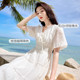 Xiangying Puff Sleeve Sleeve-neck Dress Women's 2024 Summer New Off-White High Waist Seaside Resort Style Skirt