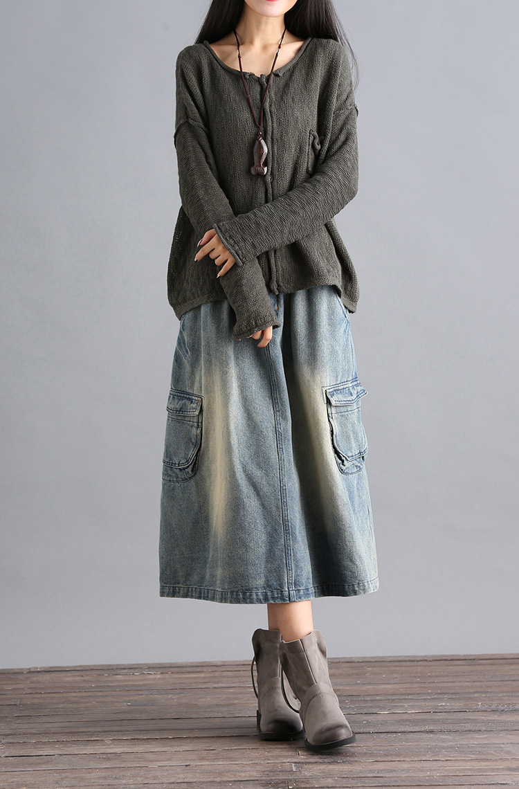 2019 mới hoang dã bốn mùa có thể mặc cotton kích thước lớn retro văn học fan hâm mộ váy denim váy nửa váy nữ - Váy chân váy tennis