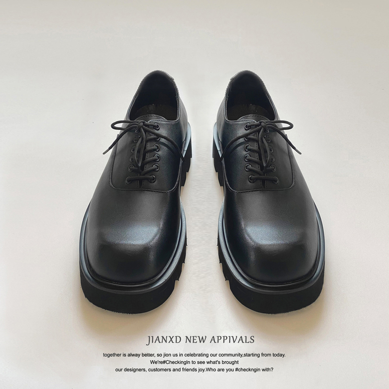 Square-Toe Men's Shoes with a High-End Feel, Cleanfit Derby Shoes, Height-Increasing Black Loafers for Commuting, Winter Fleece-Lined Thick Soles