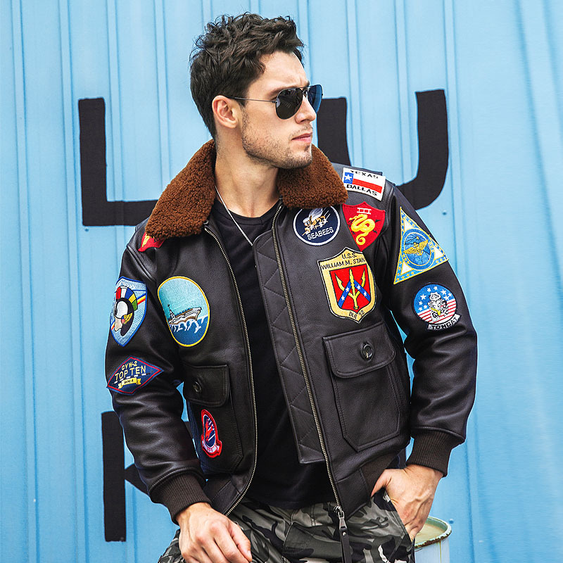 Top-Quality Genuine Leather Jacket for Men with Fur Collar and Embroidery, Air Force G1 Pilot Uniform, Large Size Top-Quality Genuine Leather Jacket for Men with Fur Collar and Embroidery, Air Force G1 Pilot Uniform, Large Size