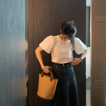 Bigyu puff sleeve retro ສີຂາວ tee ~ ພາກຮຽນ spring ແລະ summer ງ່າຍດາຍຄໍຮອບພື້ນຖານທີ່ວ່າງແລະ versatile ເສື້ອທີເຊີດແຂນສັ້ນເທິງສຸດ
