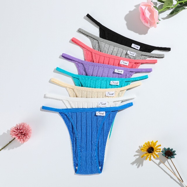 Cross-Border European and American Large Size Pure Cotton Thong Solid Color Striped Low-Waist Breathable Double-Layer Crotch Bikini Panties for Girls