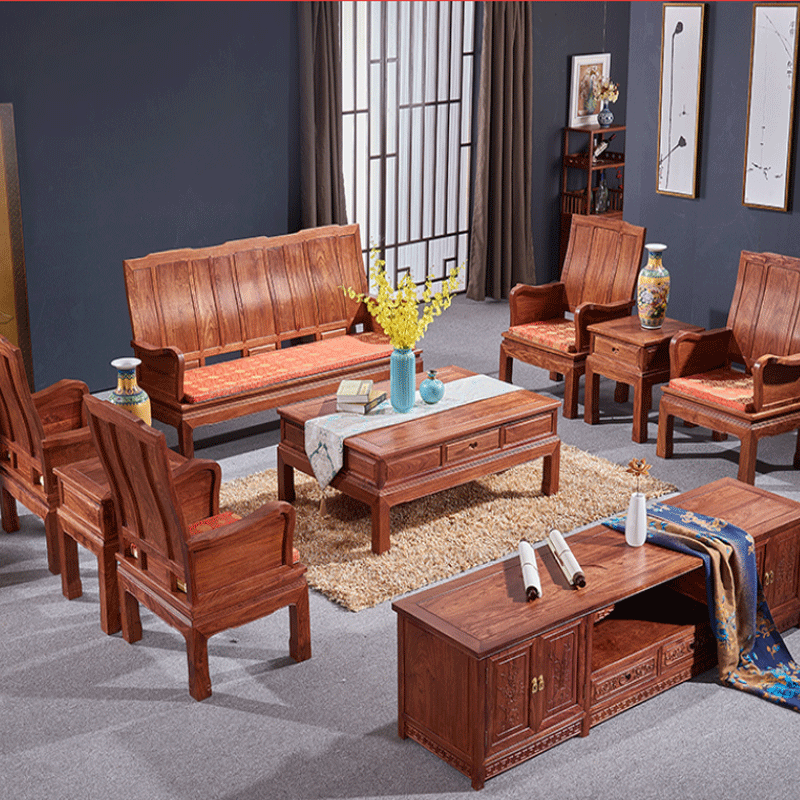 Yijia rosewood sofa combination Chinese solid wood living room sofa set small household hedgehog red sandalwood four-character sofa