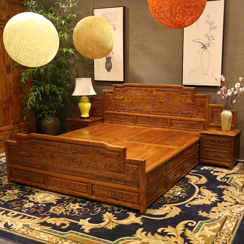 Yijia Tribe Solid Wood Double Bed Antique Chinese Double Bed South Elm Storage Bed Modern Chinese Bedroom Furniture