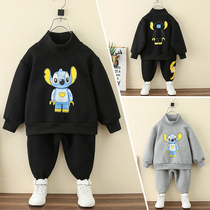 Boys sweater suit plus velvet thickened 2021 new childrens baby handsome two-piece set of childrens autumn and winter clothes tide