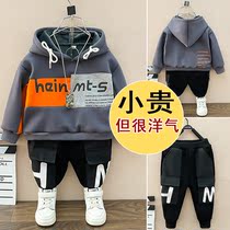 Boys sweater suit plus velvet thickened 2021 new childrens foreign style autumn and winter clothes two-piece set of small children baby tide