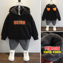 Boy clothes plus velvet thickened 2021 New Autumn Winter children handsome hooded little boy baby Korean version of the Tide brand