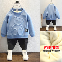 Boys clothes plus velvet thickened 2021 new childrens warm autumn winter clothes small children foreign baby base shirt tide