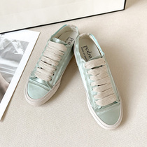 Late evening Wind mint green genuine leather small white shoes female summer Spanish small crowdsourced silk flat bottom sports casual real silk plate shoes