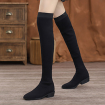 Triple cat uncles Princely Shoes Socks Shoes Woman 2021 New high cylinder knitted long cylinder boot square with knee length boots