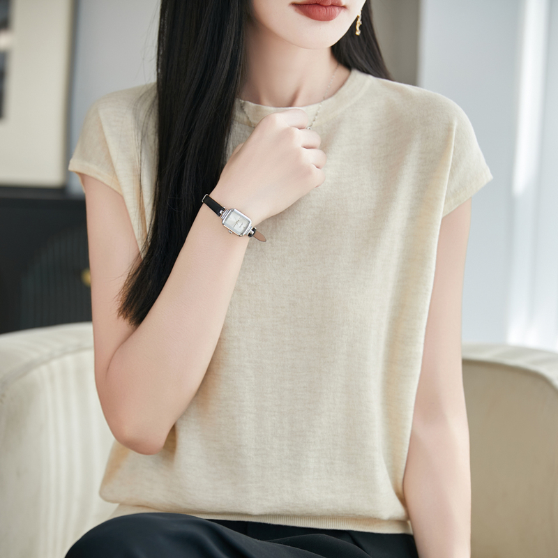 Knitted Short-Sleeve T-Shirt for Women 2026 New Summer Style Loose Slimming Round Neck Wool Drop Shoulder Sleeveless Base Layer Thin Tank Top