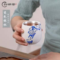 Guiyintang Porcelain silver-coated Teacup Sterling silver 999 master cup Blue and white porcelain silver-coated Kung Fu Tea Cup Personal gift single cup