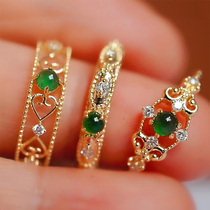 18K gold natural A goods emerald ring female ice seed yang green small egg noodles comeback ancient lace fashion diamond ring ancient wind