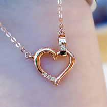 18K rose gold natural diamond double ring heart-shaped pendant necklace lock bone chain little fresh color gold AU750 to send girlfriend