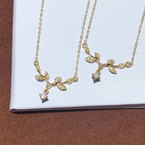 18K gold natural diamond gold branch jade leaf necklace lock bone chain female leaves necklace real drill little clear new fashion 100 hitch
