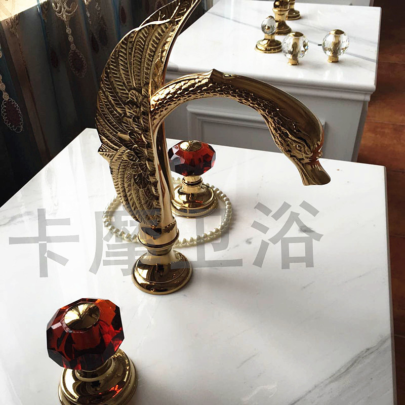 Large Swan Three-Hole Basin Faucet, Gold-Colored Hot and Cold Water Faucet, Ruby Swan Faucet