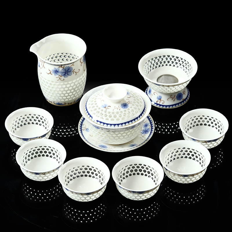 Friend is hollow out blue sea teacups hand - made ceramic teapot tea custom and exquisite tea sets of a complete set of kung fu