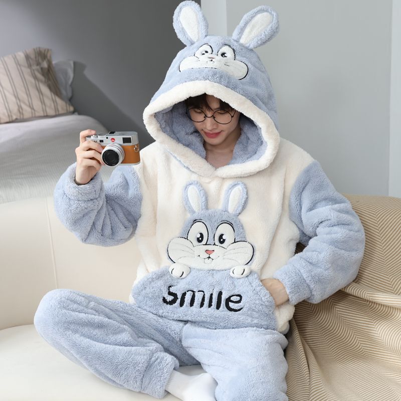 Autumn and Winter Coral Velvet Pajamas for Men, Thickened and Warm, Men's Flannel Hooded Cartoon Plus Size Home Wear Set