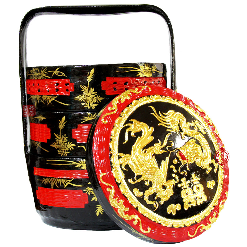 Yongchun lacquer basket folk handicraft line carving dragon and phoenix bamboo weaving large lacquer gold foil wedding jewelry basket burning incense basket bye bye basket