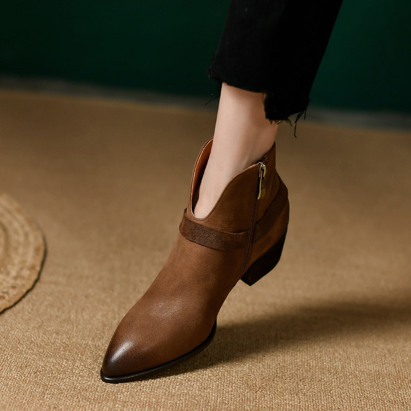 Yingren Wind Fried Street Small Short Boots Woman Spring Autumn Single Boots Woman Heel Pointed Coarse Heel Retro Brown Genuine Leather Ankle Boots Woman