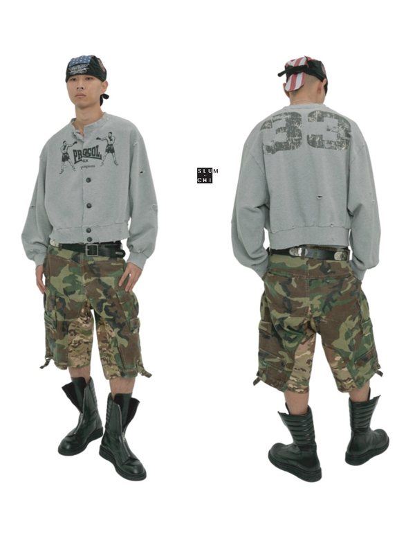 【Slum炸】Protocol Index 26Fw Boxing Portrait Button-Down 33 Cardigan Distressed Sweatshirt