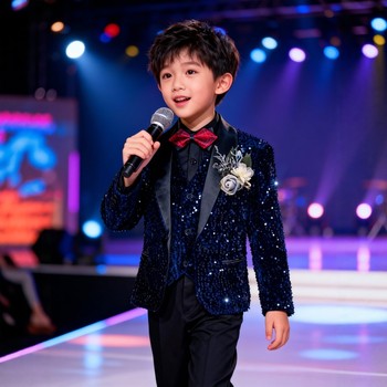 Children's Suit Set for Boys, Sequined Host Suit, Piano Performance Blue Performance Outfit, Stage Catwalk Dress