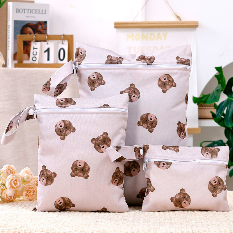 Cartoon Bear Print Baby Diaper Bag Waterproof Portable Baby Outing Storage Bag Multi-Piece Set