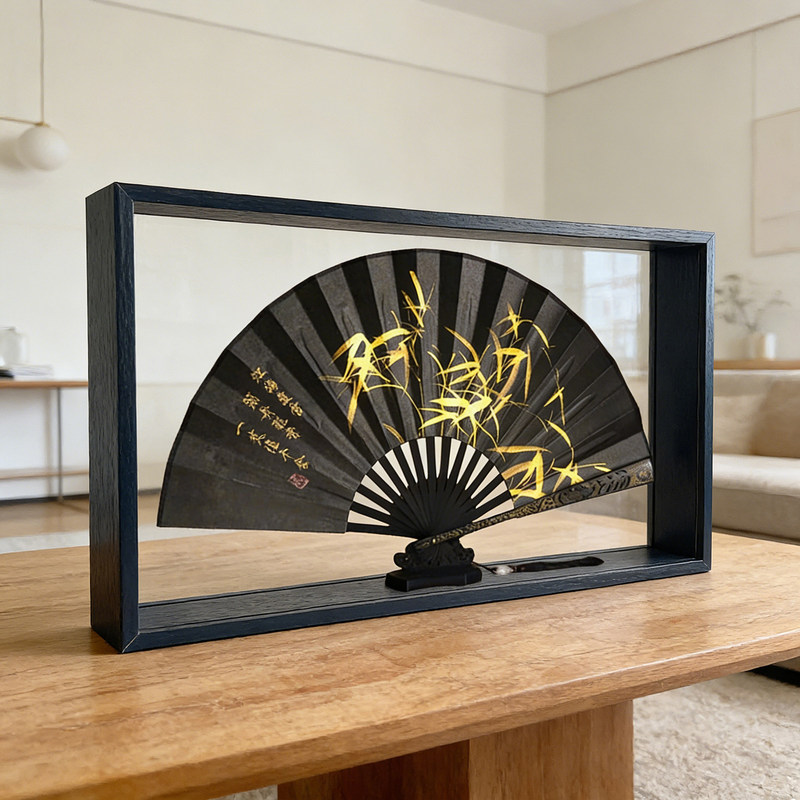 Chinese-Style Retro Folding Fan Photo Frame with Wooden Border, Decorative Picture Frame, Desktop Ornament, Collectible Souvenir, Double-Sided Transparent