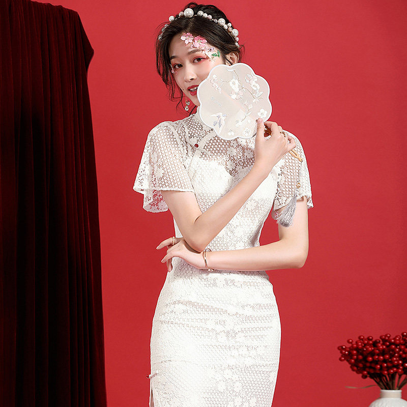 Cheongsam women's summer 2021 new French style girl young style lace hollow sexy fashion improved version dress