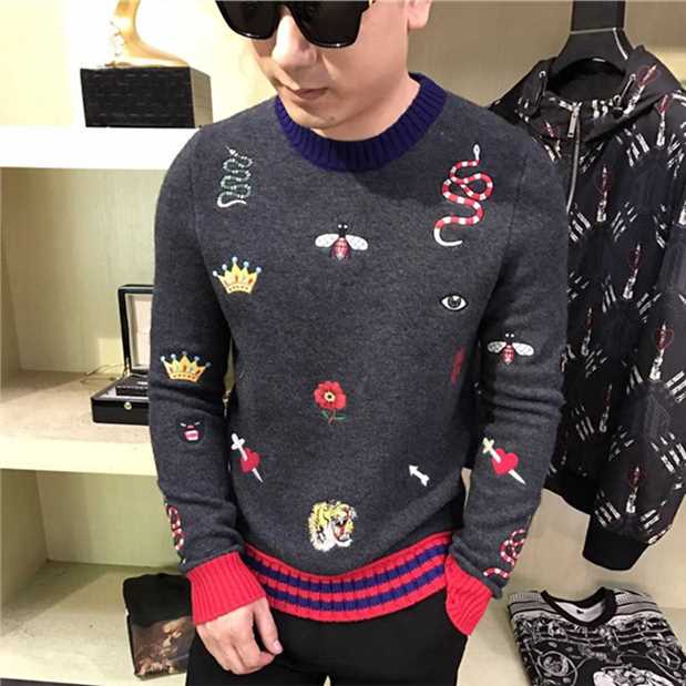 Men's European and American Fashion Crown Snake Eye Small Bee Embroidered Striped Slim-Fit Knit Sweater Wool Base Shirt