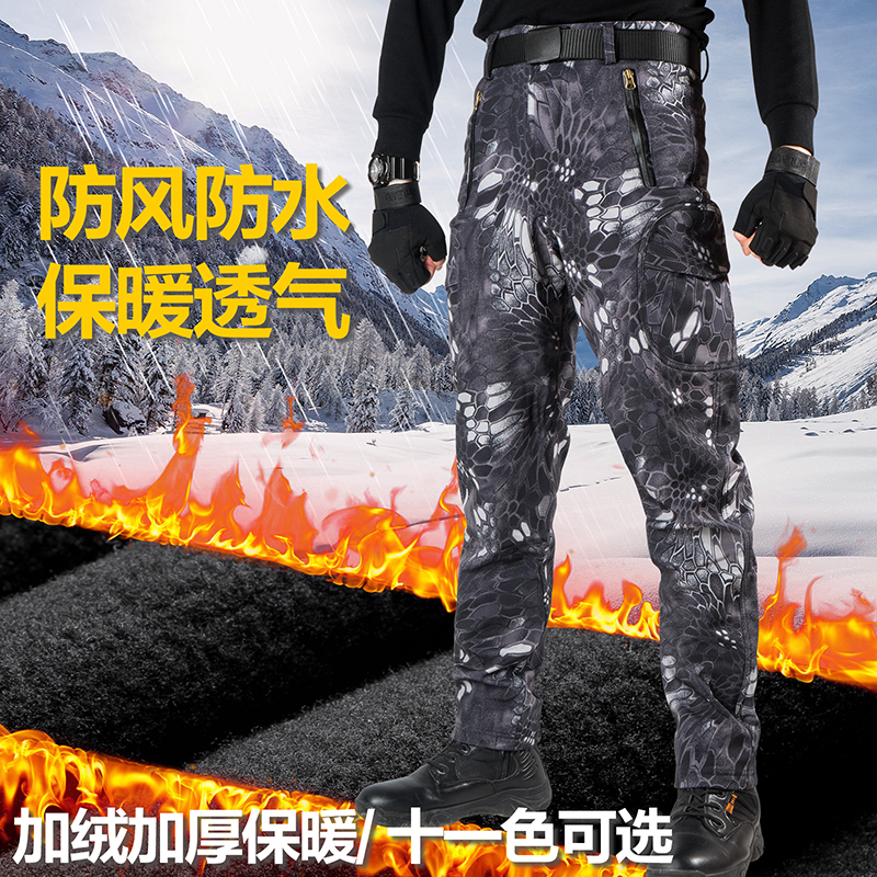 Winter outdoor shark skin tactical soft shell pants camouflage charge pants men's military fans plus velvet warm trousers mountaineering pants