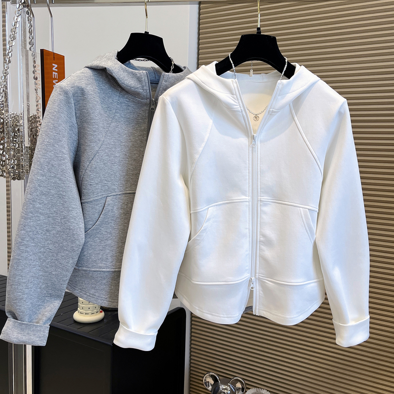 European-Style Sporty Solid Color Double-Zip Hooded Sweatshirt Cardigan for Women, 2026 Spring New Quilted Design Versatile Jacket