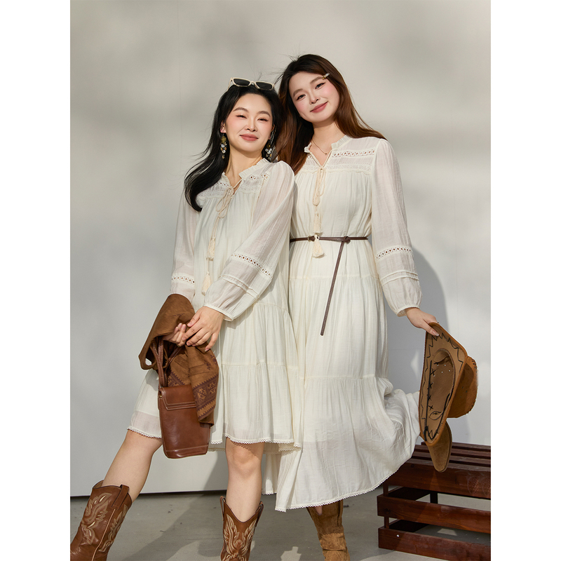 Dm100 Plus Size 100% Cotton Women's Vacation Style Stunning Heavy Lace Texture White Long-Sleeve Dress
