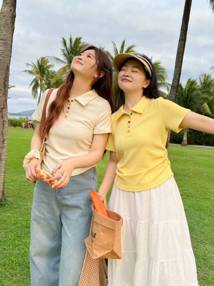 DM100大码百分百2025年夏季新款女装休闲收腰上衣华夫格polo领T恤