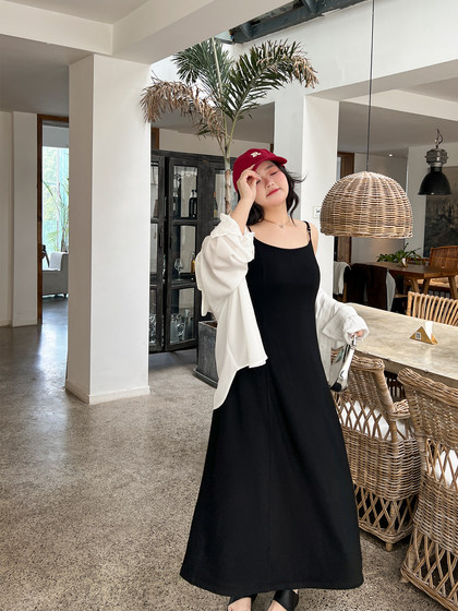 DM100大码百分百2025春夏新款女装长款a字胖mm收腰针织吊带连衣裙