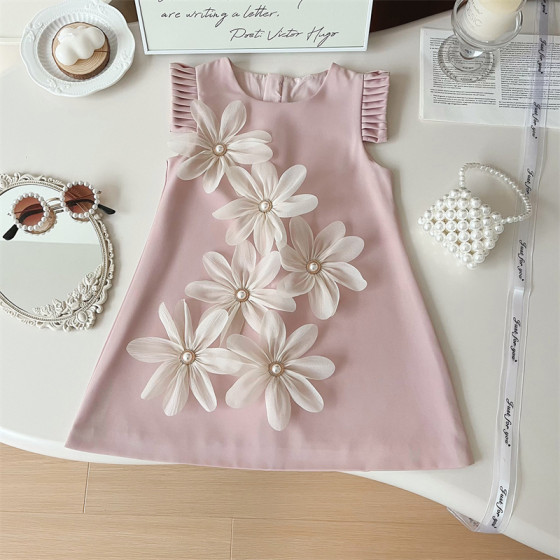 夏季新款韩版女童立体花朵百褶裙小女孩飞袖长裙高级感气质连衣裙