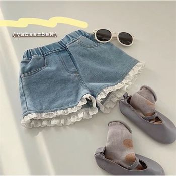 2022 spring and summer pants new Korean version of children's cute sweet and comfortable soft denim shorts lace lace shorts