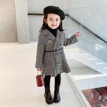 Girls Houndstooth Plaid Western Style Waisted Thickened Woolen Coat 2024 Autumn and Winter New Style Padded Girls Baby Coat