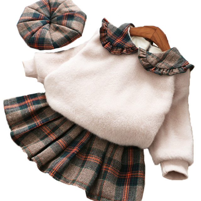 Send hats baby girls autumn and winter wool sweater plus velvet thick plaid skirt pleated skirt college style suit