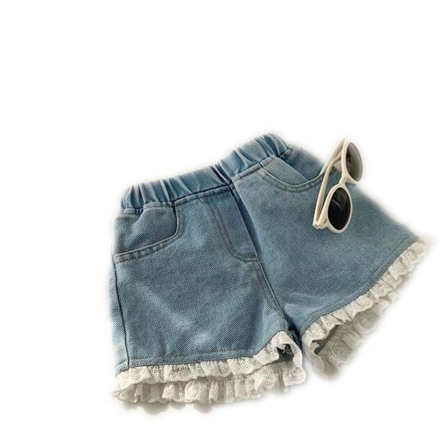 2022 spring and summer pants new Korean version of children's cute sweet and comfortable soft denim shorts lace lace shorts