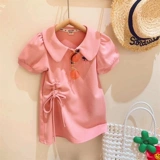 Платье-футболка для принцессы, летняя одежда для отдыха, юбка, воротник поло, в западном стиле, на шнурках, короткий рукав, с вышивкой