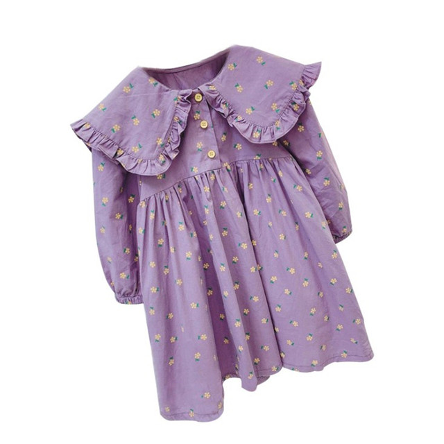 Girls Lolita Dress 2022 Spring and Autumn New Small Yellow Flower Stitching Ruffle Edge Lapel Long-sleeved Princess Skirt