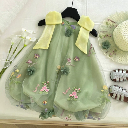 Лето 2025, новинка, сетчатое платье на бретельках для девочек с бантом, милое сетчатое платье в западном стиле для маленьких девочек