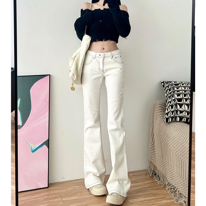 Korean-Style Chic Retro Fashion White Low-Waist Flared Jeans for Women, Slim Fit, Flattering, Leg-Slimming Straight-Leg Jeans